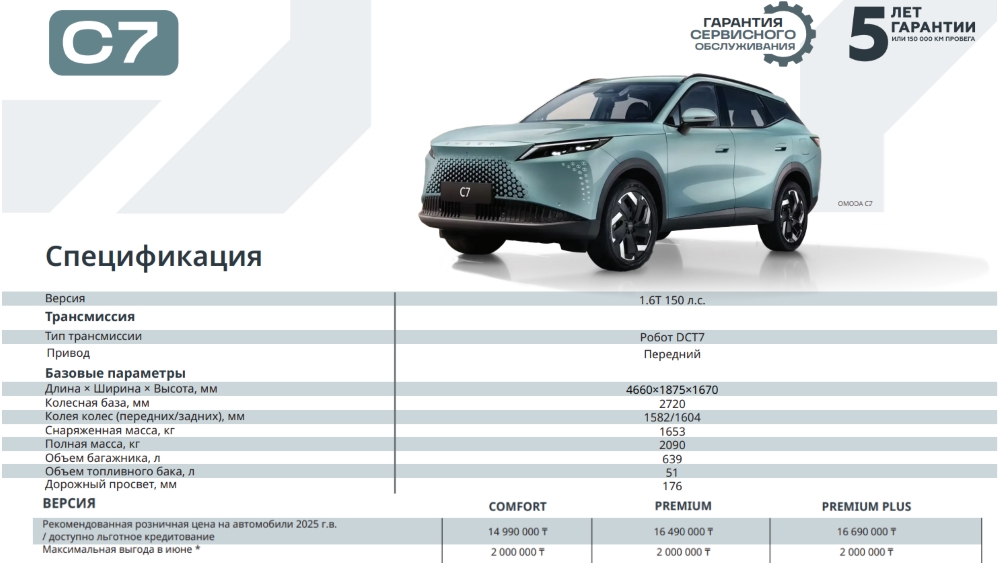 В Казахстане начались продажи кроссовера Omoda C7. Дороже, чем C5, дешевле, чем в России