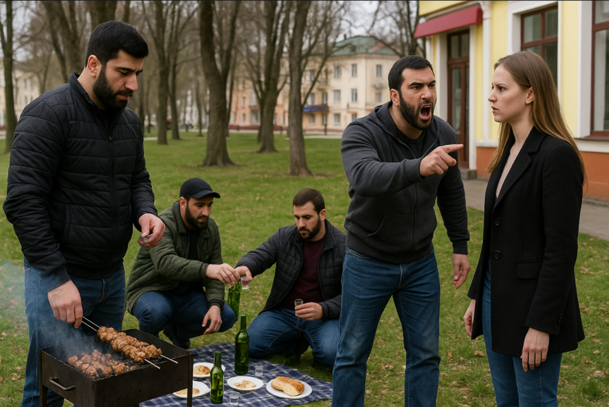 Приезжие бородачи накрыли поляну с шашлыком в парке и дерзили местным. Прибывшие на место парни из "Русской общины", быстро охладили их пыл