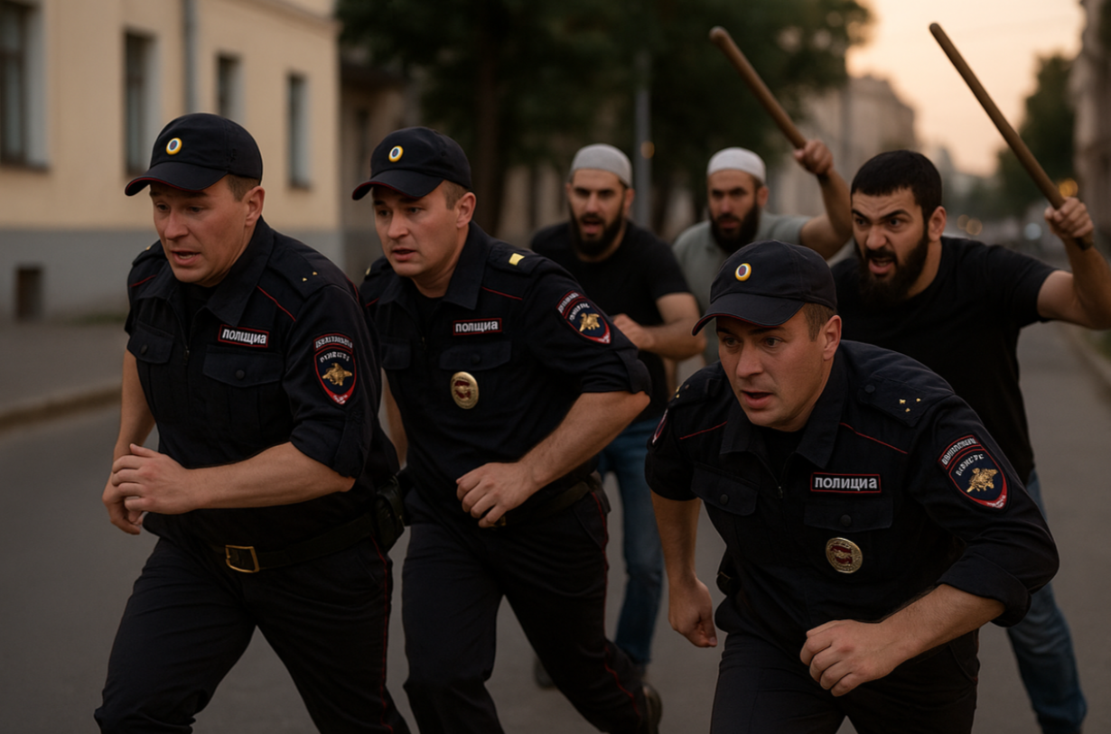 Бородатые приезжие опрокинули на землю полицейский патруль, наглядно показав, кто здесь хозяин