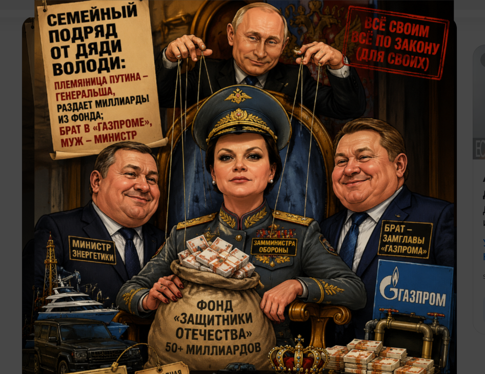 племянница Путина — генерал в МО, раздает миллиарды из фонда; брат в «Газпроме», муж-министр